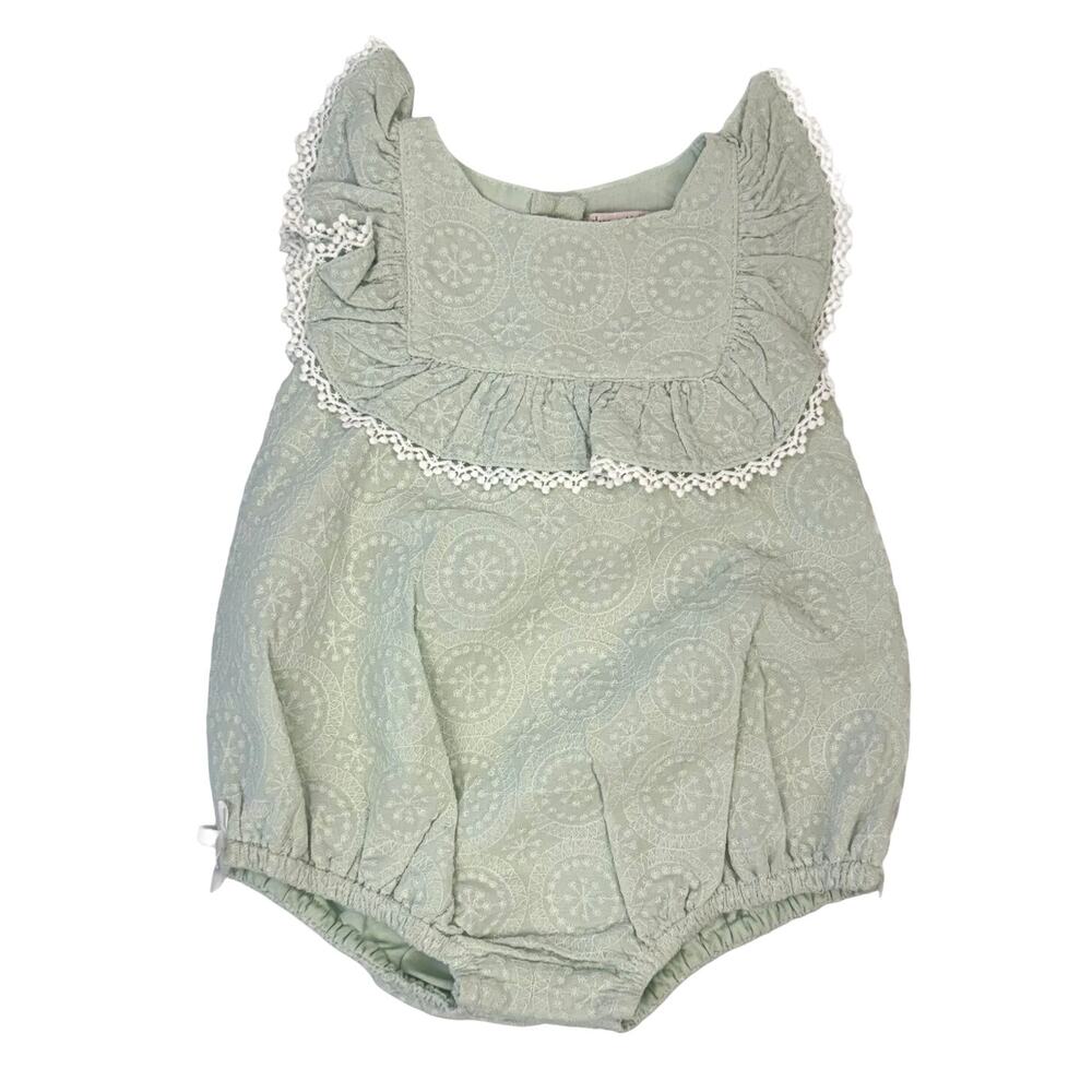 New Catherine Malandrino‎ Mint Lace Floral Embroibered One Piece Romper Sz 6-9M